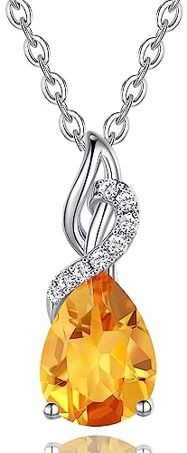 FANCIME 14 Karat 585 Weiß Gold Tropfen Anhänger mit 925 Silber Kette Edelstein Halskette Natürlich Citrin 0.28ct Diamant Geschenk Schmuck für Damen