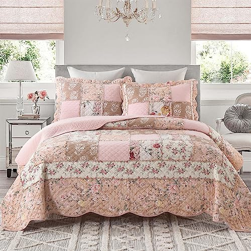 Yvooxny Quilts Queen-Size-Patchwork-Bettwäsche-Set mit rosa Blumenmuster, Vintage-Stil, Shabby-Chic, botanisches Blumenmuster, gesteppte Tagesdecke, Queen-Size-Größe, 248x228 cm