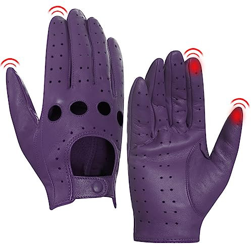 Harssidanzar Damen Leder Fahrhandschuhe, Lammfellhandschuhe, Sommer Leder Touchscreen Fahrhandschuhe,ungefüttert, Lammfellhandschuhe, Damen Lederhandschuhe GL009EUA,Violett,Größe XL