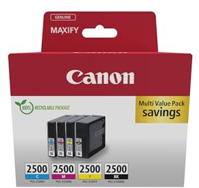Canon PGI-2500 C M Y BK Vorteilspack 4 Tintenpatronen (Schwarz, Cyan, Magenta, Gelb) Original [Umweltfreundliche Recycle-Kartonverpackung 2024]