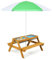 GOPLUS Table Enfant avec Banc et Parasol, 3 en 1 Banc Convertible avec Plateau Amovible et 2 Boîtes de Rangement, Table d’Activité en Bois pour Extérieur, Jardin (Vert+Blanc)