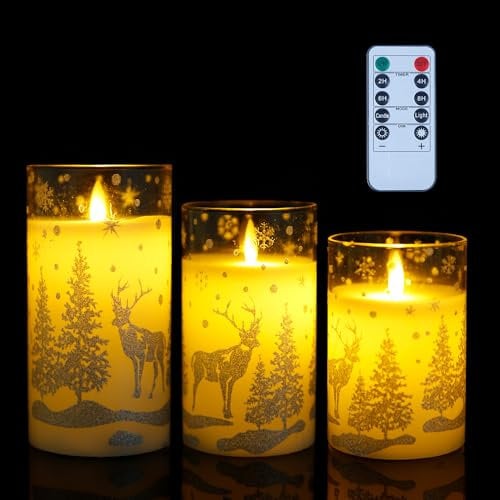 NQEUEPN 3pcs LED Christmas Flameless Candles, Vivid Holiday Pillar Fake Candle with Remote Control Candles Battery Operated Flickering Xmas Candles for Home Festival Decor
