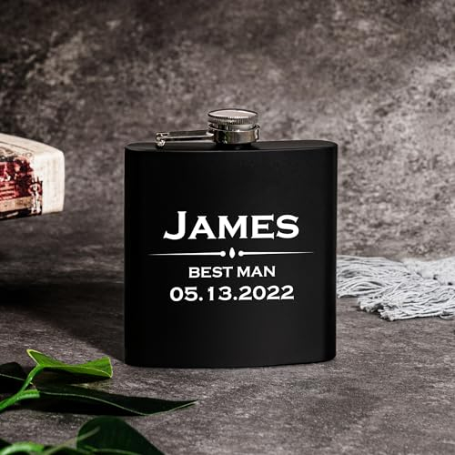 Juego de petaca de acero inoxidable negro grabado con embudo de petaca, regalo de boda personalizado para padrino de boda/padrino, regalo de cumpleaños del día del padre para hombre, padre de novia y