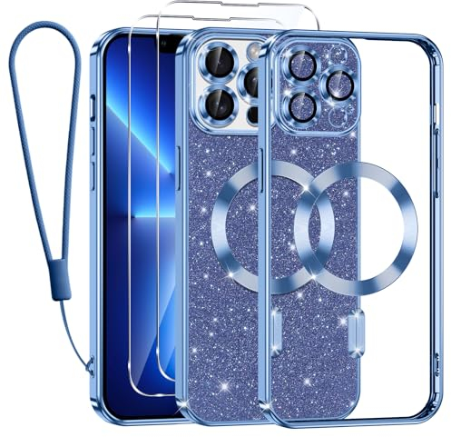 Kokio Funda Glitter Magnética para iPhone 13 Pro MAX con Cuerda [Compatible con MagSafe] Brillante Silicona Funda para iPhone 13 Pro MAX con 2 Piezas Cristal Templado Anti-Choque Carcasa, Azul