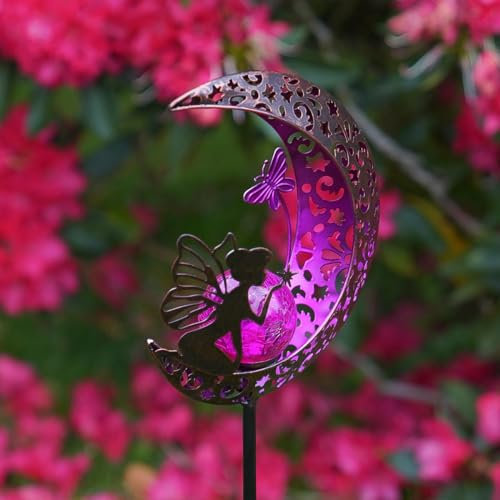Festive Lights Solar Powered Magical Fairy & Moon LED Stake Light Outdoor Garden Pink Crackle Ball Decoration