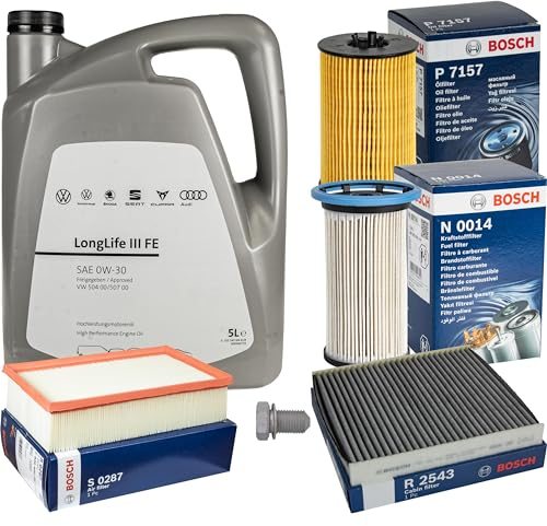 Inspektionspaket Wartungspaket Filterset mit 5 L 0W-30 Motoröl LongLife 3 FE, Ölfilter Luftfilter Kraftstofffilter Innenraumfilter (Aktivkohle) Ölablassschraube
