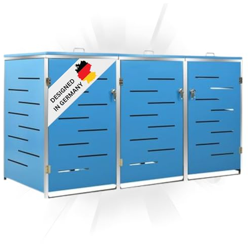 DELUKE 3er Mülltonnenbox JAGU Edelstahl | Blau | 115x207x77,5cm | Mülltonnenverkleidung für 3 Tonnen 240L Müllbox aus Metall Mülltonnenschutz Mülltonnendach