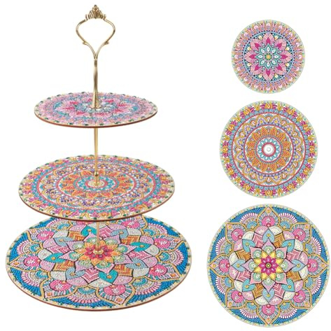Starnearby Essen Tablett 3 Etagen, Diamond Painting Serviertablett, Diamant Malerei Mandala Tablett, Nachmittagstee-Dessert Dekotablett für Hochzeit Geburtstag Tea Party, Geschenke für Frauen (J)