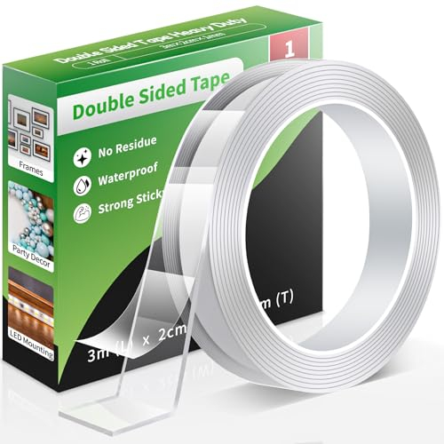 Euqvunn Cinta Doble Cara Extra Fuerte, Removible y Lavable, Cinta Adhesiva Nano Transparente, para Pósters/Colgar en la Pared/Alfombras 1 Rollo (3,0 M × 2,0 cm × 1 mm)