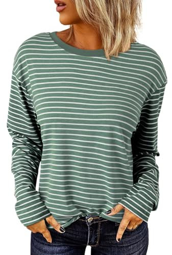 Dokotoo Langarmshirt Damen Rundhals Gestreift T-Shirt Basic Longsleeve Lässige Oberteile Shirt Tops, grün, S