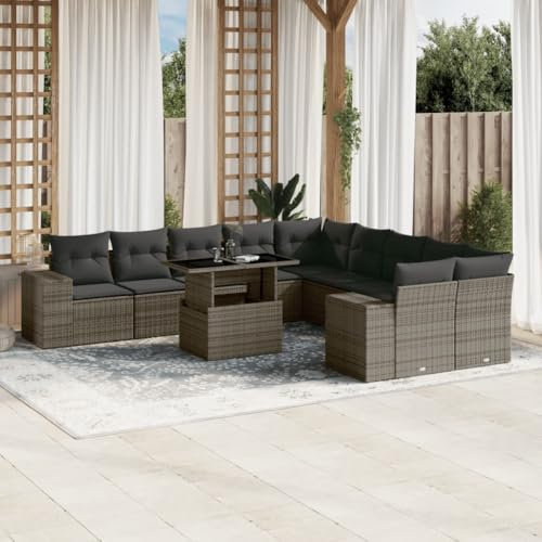 Homgoday 11-TLG. Garten-Sofagarnitur Gartenlounge Balkonmöbel Gartenmöbel Set mit Kissen Gartensofa Ecksofa Loungemöbel Sitzgruppe mit Tisch für Balkon Terrasse Grau Poly Rattan