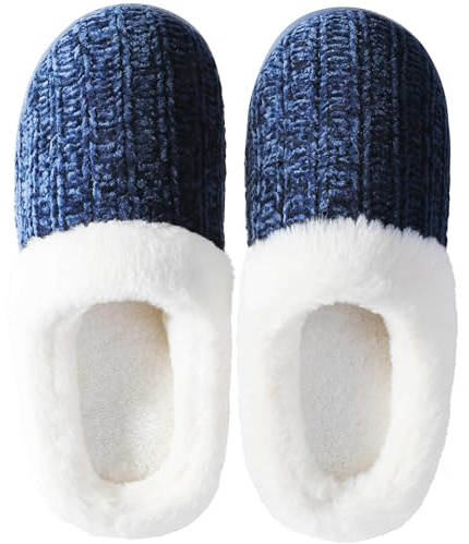 MIXIN Slippers for Women Memory Foam Fuzzy House Slippers Bedroom Non-slip Warm Fluffy Plush Womens Shoes DarkBlue Size 4