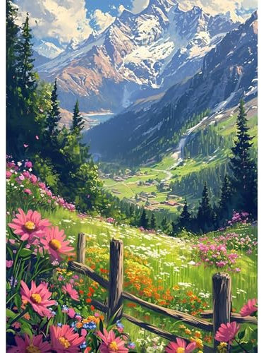 HEIBAGO Paysages Diamont Painting Complet, 5D Fleurs Peinture Diamant Adultes,Diamond Painting Complet Diamant Kit, DIY Montagnes Strass Point de Croix Painting pour Murale Décoration 30x40cm