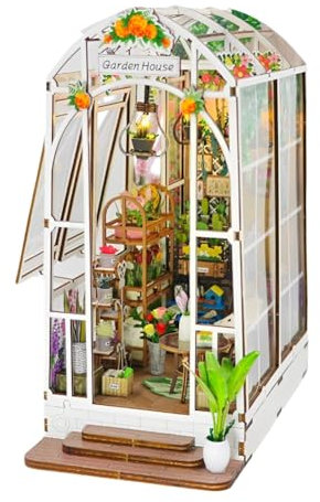 Casa de muñecas en miniatura de estilo invernadero de bricolaje, casa de muñecas en miniatura con muebles, rompecabezas 3D con lámpara LED, estantería de madera, decoración para construcción de libros