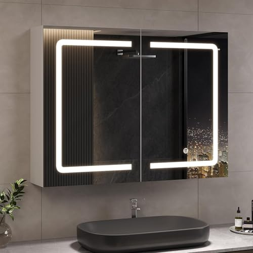BFYDOAA Armoire à Miroir Murale avec Éclairage, 80 x 60cm 2 Portes Miroir Armoire de Toilette avec Espace de Rangement pour Salle de Bain - 3 Couleurs LED, Interrupteur Tactile