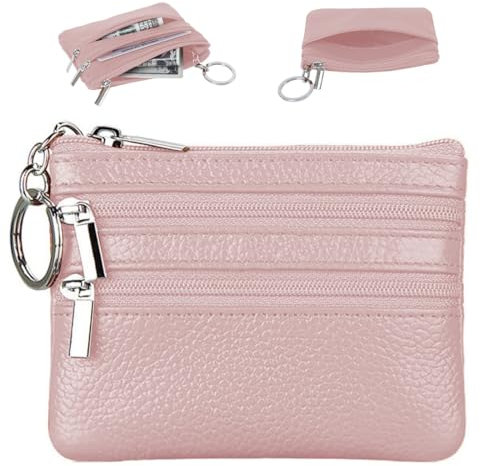 AFCJLTO 1 PCS Schlüsseletui Leder, Schlüsseltasche, schlüsselmäppchen Damen, Schlüsseltasche Leder Kunstleder für Damen und Herren, Auto-Schlüsseletui mit Reißverschlussfach und Schlüsselring (Rosa)