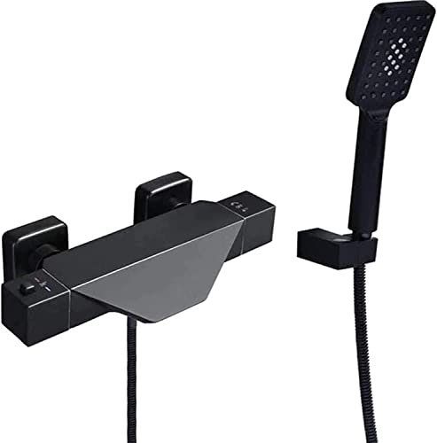 IUBGFTO Thermostatischer Duschmischer Schwarz Wasserfallarmaturen Bad Dusche und Waschbecken Set Duschmischarmatur Wandmontage Schwarz mit 3-Modus Handbrause,A