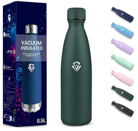 Water Bottle, 500 ml, BPA-Free, Stainless Steel, Double-Walled Vacuum Insulated, Insulated Flask, 304 Stainless Steel, Water Bottle, Leak-Proof for School, Travel, Camping Thermos Flask - Army Green