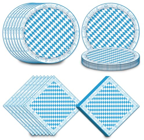 XLZJYIJ 80 Stück Oktoberfest Tischdeko Set, Bayerische Papierteller, Oktoberfest Servietten, oktoberfest Geschirr Set, Blau Weiß Bayerische Partygeschirr für oktoberfests Dekoration