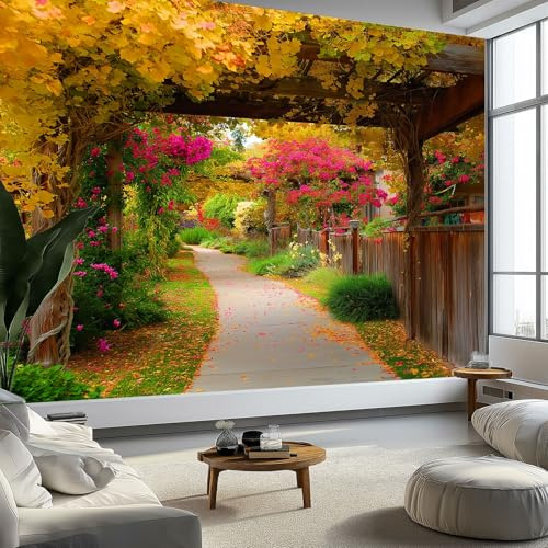 Modern Printed Natural Scenery Wall Mural, Romance Wooden Fence Garden Wallpaper Mural for Accent Wall in Bedroom Living Room or Hallway, Panoramic Poster Wallpaper 200 x 140 cm (W x H)