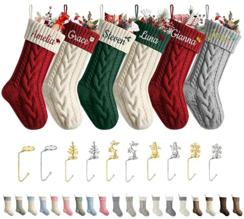 papasgix Weihnachtsstrumpf Personalisiert mit Name Nikolausstrumpf 46cm große gestrickte Weihnachtssocken Icon Christmas Stockings Haken Weihnachtsdeko (Bunt Twist-Muster/Name, 1PC)