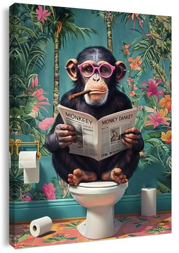 Qiukoo Funny Monkey Bathroom Wall Art – Waterproof Framed Canvas with Hanging Hooks, Toilet Wall Picture of Monkey Reading Newspaper, Humorous Bathroom or Toilet Decoration, 12 x 16 Inches