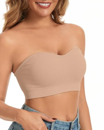 WOWENY Strapless Bandeau Bra for Women Non Wired Bralette Non Slip Boob Tube Bra with Support Fixed Padding Transparent Straps Beige,M