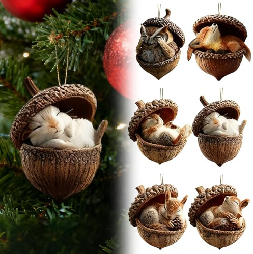 6 Stück Schlafende Tier Figuren Deko, Acryl Anhänger mit Nest Design (Eichhörnchen, Eule, Igel), Natur Motiv Weihnachtsbaum Schmuck für Tierfreunde, Jahreszeitliche Wohnkultur