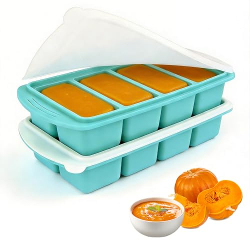 2 Pack Silicone Freezer Tray, 250 ML Large Ice Cube Tray with Lid, Graduated Silicone Ice Cube Tray, Super Cubes, 4-Compartment Silicone Food Moulds for Meal Prep, Soup, Sauce
