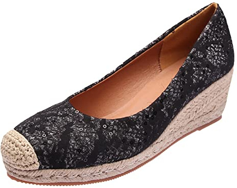 Sandalias Cuña Mujer Verano Sandalias Mujer Negras Alpargatas de Tacón Con Lentejuelas A La,Zapatos de Tacón Sin Cordones Para Informal,Cuñas Fucsia (Black,42)