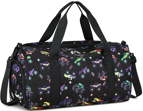 LEDAOU Sporttasche Kinder, Schwimmtasche, Reisetasche, Schuhfach, Nassfach (Lila-Orange-Rot Blockdesign)
