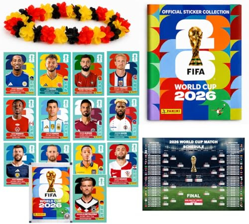 Fan Starterset WM 2026 – Original Panini Sticker Album, Extra 1x Spielplan & Deutschland Blumenkette (1 Tüte/Sticker Set) Eigenmarkenbundle