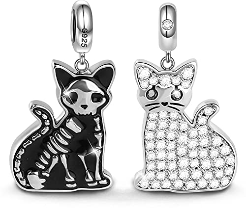 GNOCE Doppelseitige Katze Charm Anhänger 925 Sterling Silber Schrödingers Katze Skelett Knochen Perlen Charms für Armbänder Halsketten Geschenke für Damen Herren