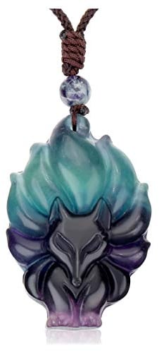 JSDDE Natural Crystal Gemstone Fox Pendant Necklace with Adjustable Woven Rope Chain (Fluorite)