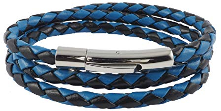 König Design Lederkette Lederband Leder-Armband 4 mm Herren Halskette Schwarz Blau 100 cm lang mit Hebeldruck-Verschluss Silber geflochten