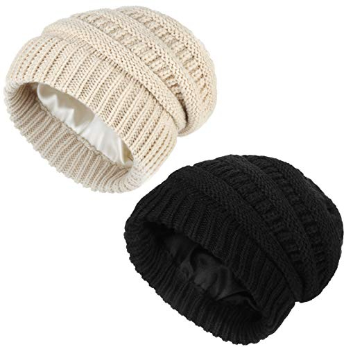 2 Stücke Strick Slouchy Mütze Warme Satin Gefüttert Dicke Klobig Kappe Winter Strickmütze für Frauen und Männer