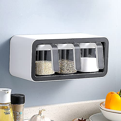 Phisscii Caja de Almacenamiento de Condimentos, Estante de Especias para Montaje en Pared Salero Pimentero Contenedor de Condimentos Herramienta de Cocina (Negro 3 Tazas)