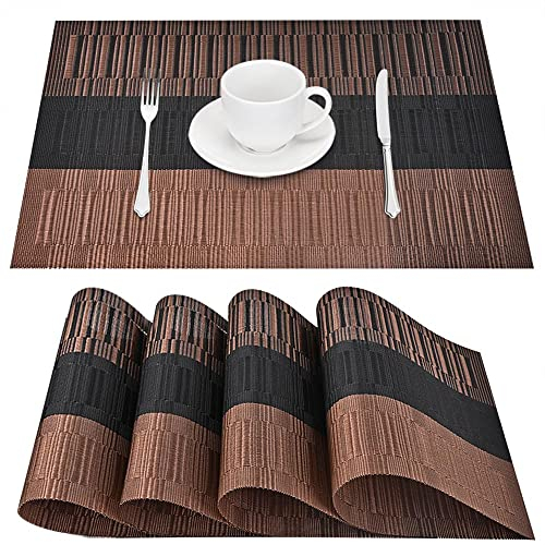 GIVERARE Platzsets 4er Set, Hitzebeständige Gewebte Vinyl Platzdeckchen, rutschfest Abwaschbar PVC Tischunterlage, Premium Kunststoff Tischmatten für Esstisch, Küchentisch (Schwarz+Braun)