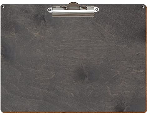 Bütic Holz Klemmbrett Standardform Grau für DIN A3 A4 A5 A6 mit 2 Ösen aus 3 mm starkem Birkensperrholz mit Klarlack versiegelt, Format:A4 quer, Klemme:Zahnklemme silber