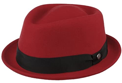 LIERYS Classic Porkpie Wollfilzhut Damen Herren Made in Italy Wasserabweisend Packable Musikerhut Sommer Winter rot XL (60-61 cm)