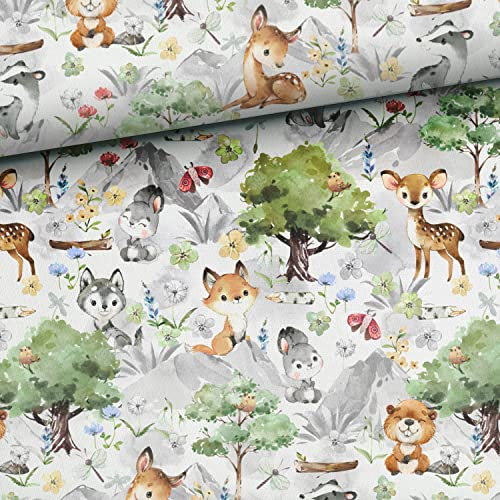 Keine Meterware, Stoffe zum Nähen, Stoff für Kinder, 100% Baumwolle: 0,5m Kinder Baumwollstoff mit Tiere - Fuchs Hase Wolf Dachs Biber Reh Schmetterling Blumen - Waldtiere - Mädchen Miniliebe