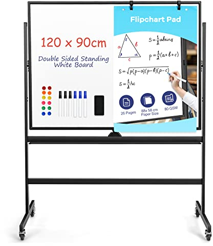GIANTEX Mobiles Whiteboard mit Ständer, 120 x 90 cm Doppelseitige Magnettafel 160/180 cm höhenverstellbar & 360° drehbar, Magnetisch mit Stiftablage, für Schule, Zuhause & Büro (Schwarz)