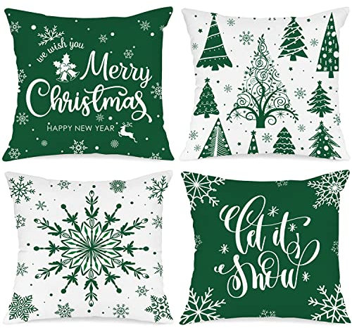 Lanpn 4 Stück Weiß und Grün Kissenbezug Weihnachten Kissenhülle 50x50 cm, Winterliche Schneeflocken Dekorative Weihnachtskissen für Weihnachtsdeko Christmas Bettwäsche Sofa Decorations (Grün)