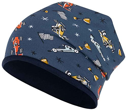 Mütze Junge Kindermütze Übergangsmütze Baumwolle Beanie doppellagig, Größe: 50/52, Farbe: Blau-Rennauto