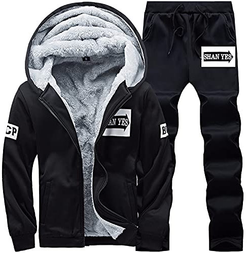Tuta da jogging in pile, da uomo, invernale, calda, per lo sport, per il tempo libero, da uomo, in cotone, per la casa, #01-D-nero, L