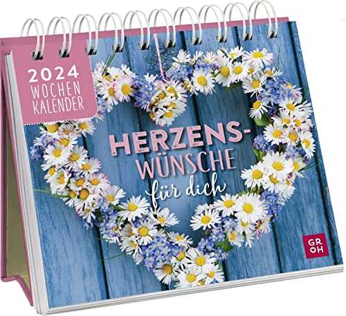 Mini-Wochenkalender 2024: Herzenswünsche für dich: Tischkalender mit Wochenkalendarium zum Aufstellen mit lieben Wünschen