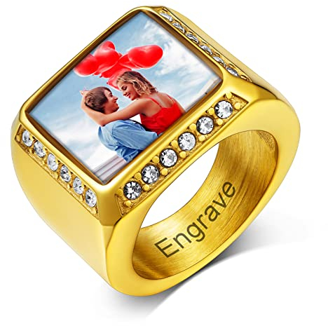 Custom4U Edelstahl Männer Frauen Fingerring Personalisierter Fotoring mit Farbbild/Schwarzes Bild Gravur Punk Quadratischer Siegelring Fotogeschenke für Weihnachten Geburtstag Valentinstag