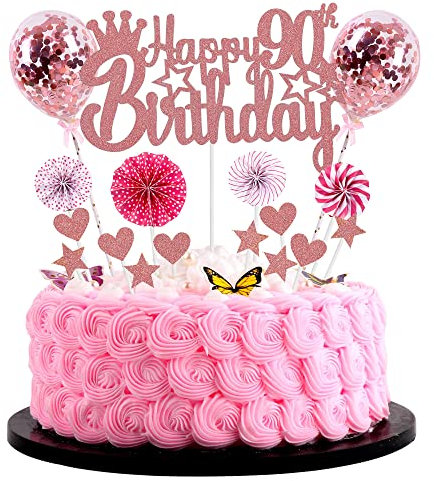 Jrzyhi Happy 90th Birthday Tortendeko frau 90. Geburtstag Hello 90 Cake Topper Rosegold Kuchen Topper 90 Kuchen Deko 90 Geburtstag mann Tortendeko 90 jahre frau Glitter Cake Topper für 90 Geburtstag