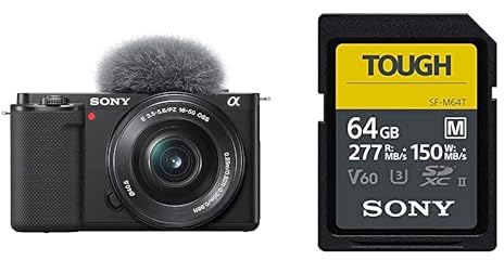 Sony Alpha ZV-E10 | APS-C spiegellose Vlog-Kamera (schwenkbarer Bildschirm für Vlogging, 4K-Video, Echtzeit-Augen-Autofokus) Schwarz + SEL1650 Objektiv + Speicherkarte