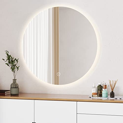 Boromal Badspiegel Rund, Badspiegel 60x60cm Badezimmerspiegel mit Beleuchtung 3 Lichtfarbe Dimmbar 3000-6500K 2060LM Kaltweiß Neutral Warmweiß Wandspiegel Lichtspiegel LED Spiegel mit Touch Schalter